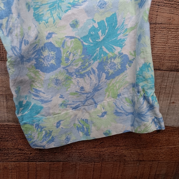 J.Jill 100% Linen Pull On Blue Green White Floral Crop Pants Size Large - Picture 4 of 6